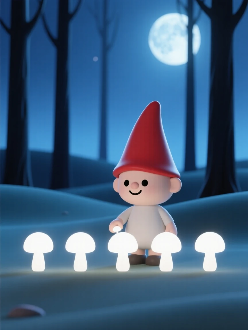 A tiny garden gnome with a pointed red hat tends a row of glowing mushrooms in a moonlit forest clearing.