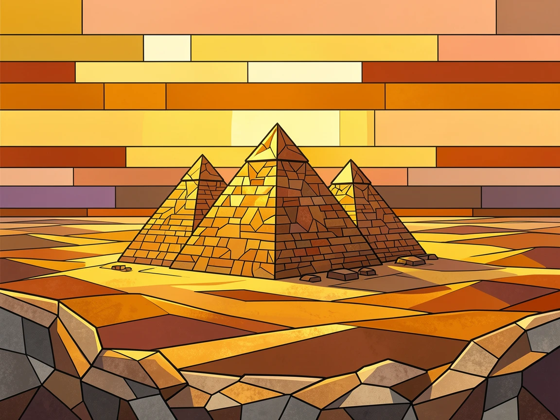 The pyramids of giza glowing under a golden desert sunset, viewed from a dramatic elevated vantage point.