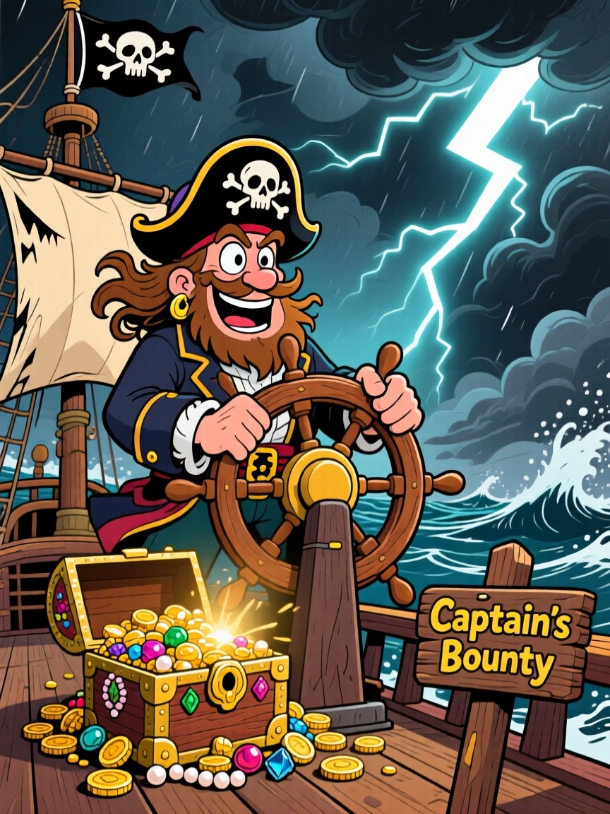 An imaginative fantasy scene of a pirate captain steering a ship through a stormy sea, lightning illuminating a treasure chest on deck.