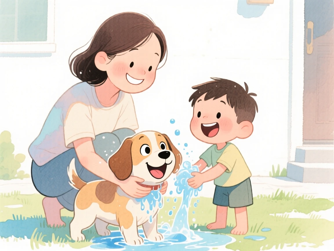 A mother and son washing a happy dog together in the front yard