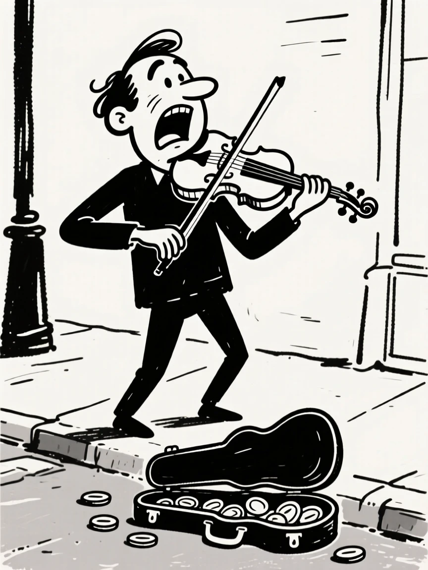 A violinist performing passionately on a street corner as coins fill an open case.