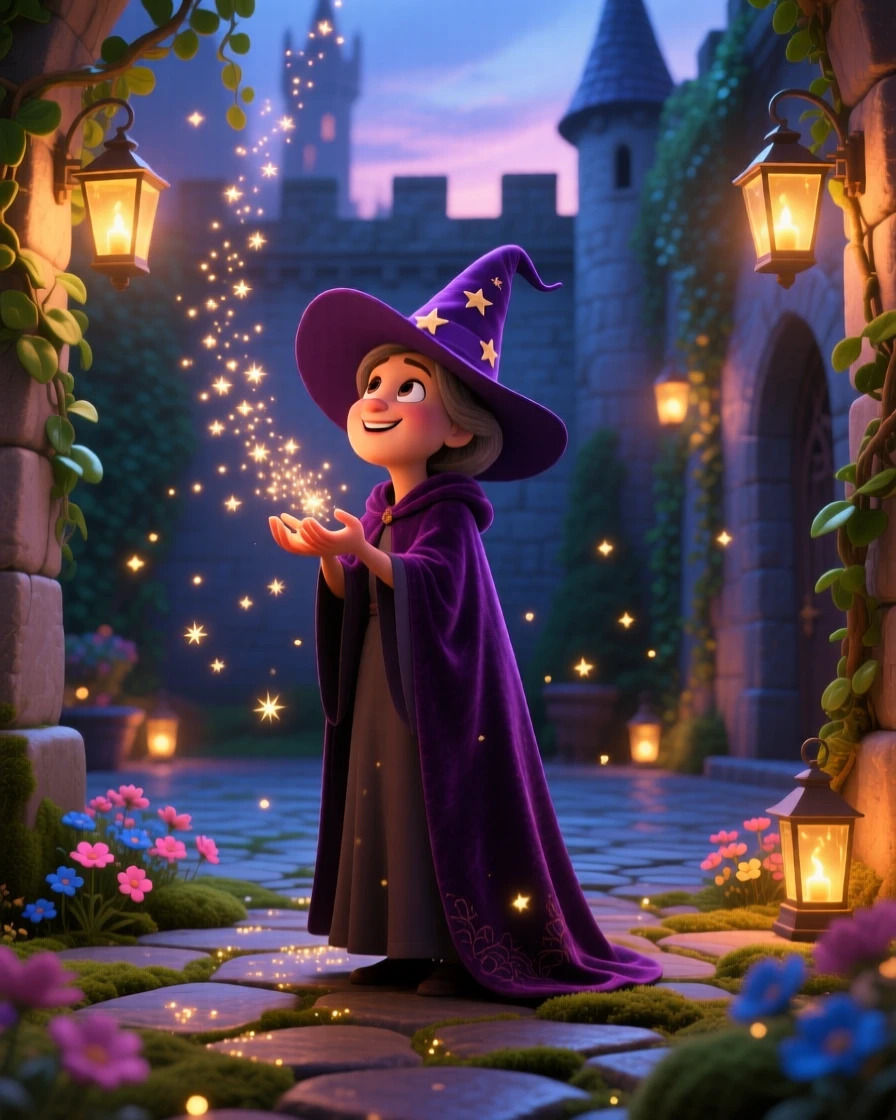 A witch with a pointed hat stands in a castle courtyard draped in twinkling vines, catching falling stardust in cupped hands. A quiet magic hums softly throughout the scene, with tiny sparkles drifting through the air.