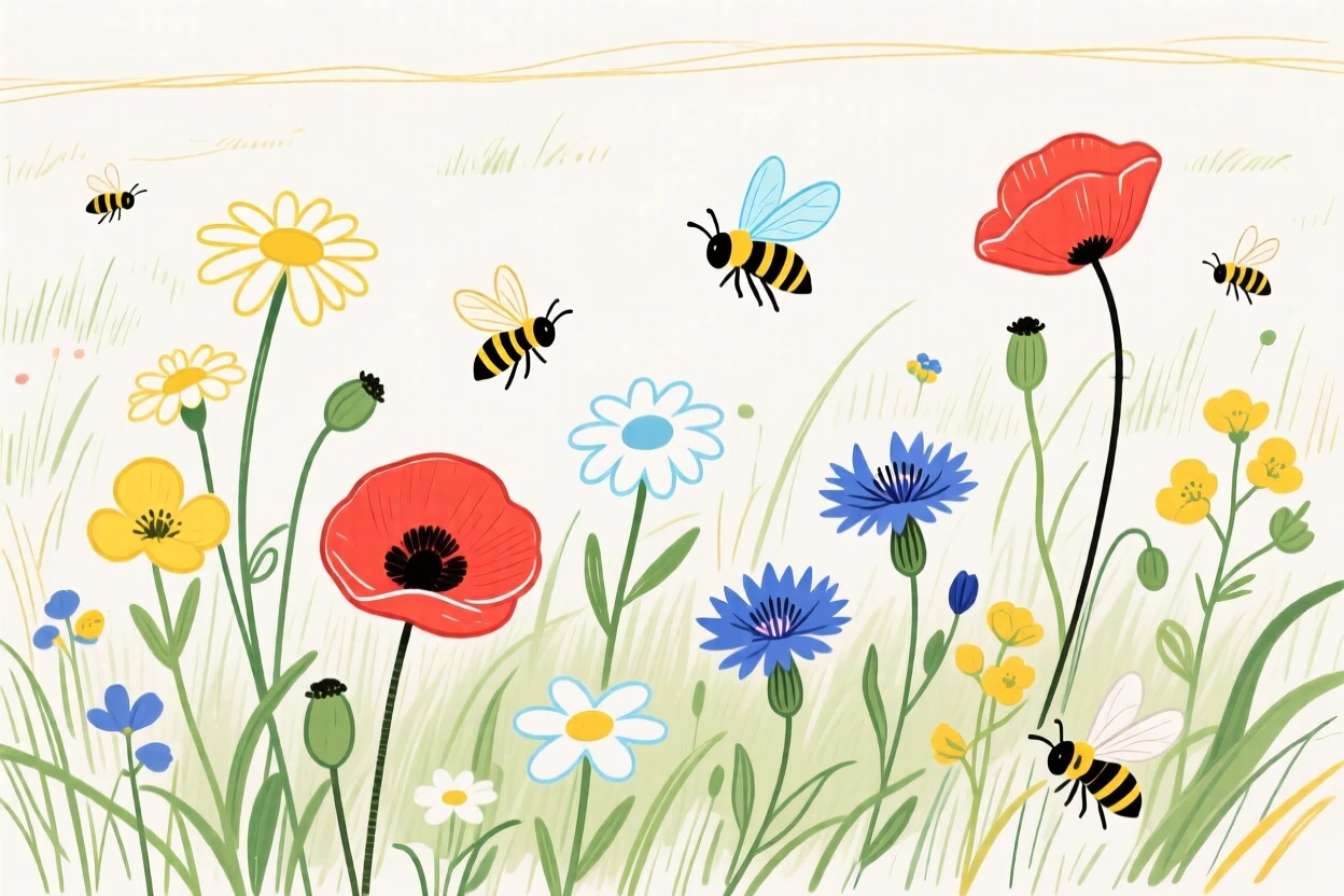 A wildflower meadow buzzing with bees in early summer.