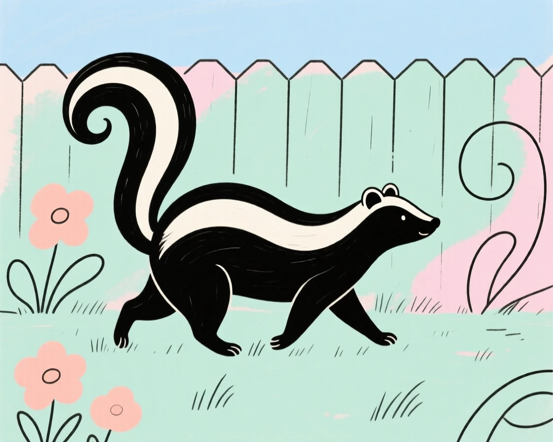 A skunk wandering through a backyard