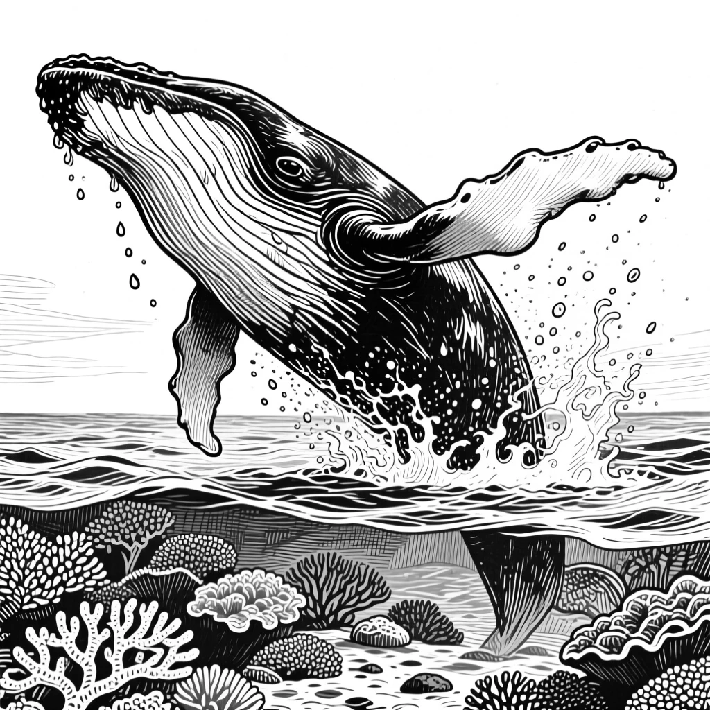 A whale breaching the surface in the shallows of a coral reef, with droplets of water clinging to its coat, capturing a fierce yet graceful moment in nature with a strong, centered focal point.