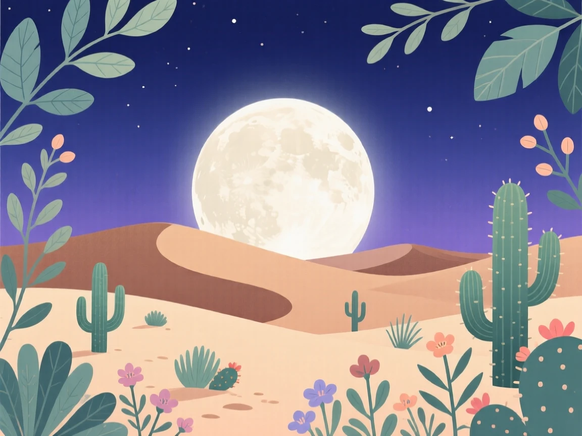 A peaceful desert night with a full moon rising over dunes, under the soft glow of a rising moon, composed with soft natural framing from surrounding foliage, with delicate textures visible in every leaf and petal.