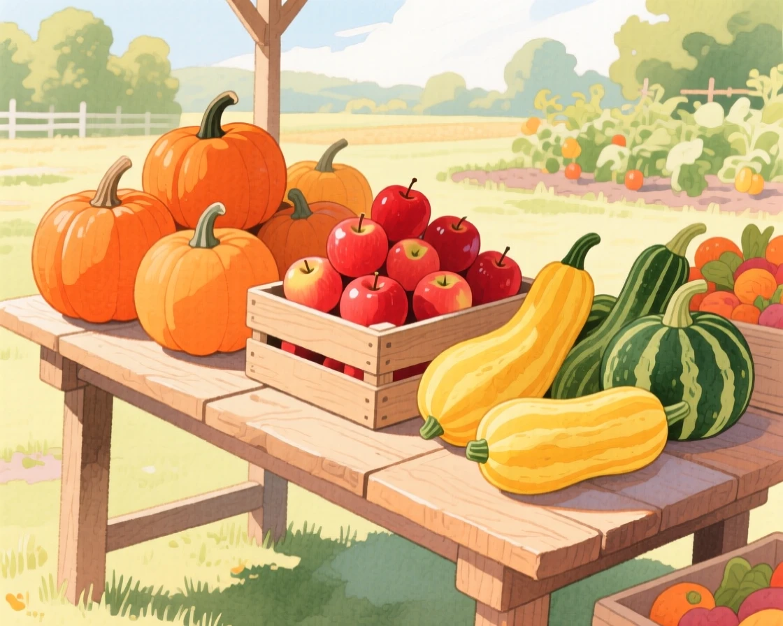 A farmstand table piled with pumpkins, apples, and squash, arranged invitingly on a sunny table.