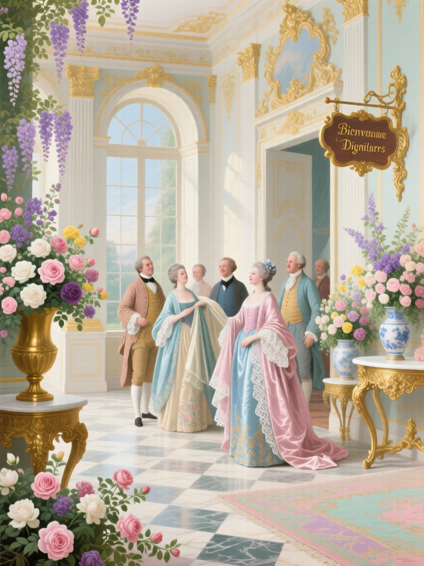 A flower-filled foyer where visiting dignitaries remove their cloaks  