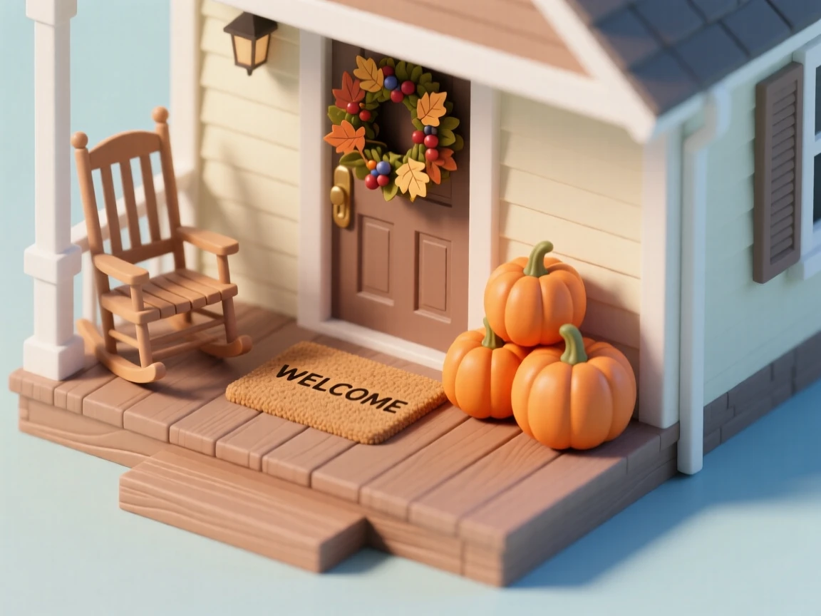 A cozy front porch scene with a welcome mat, pumpkins stacked by the steps, a wreath on the door, and a rocking chair swaying gently in the breeze.