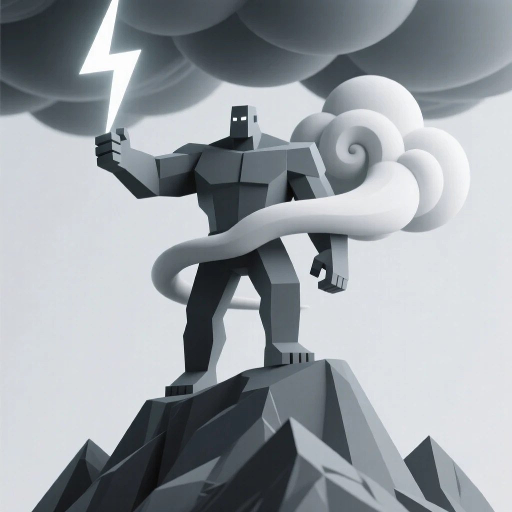 A powerful storm giant hurls lightning bolts from a mountaintop, thunderclouds swirling dramatically around his massive shoulders.