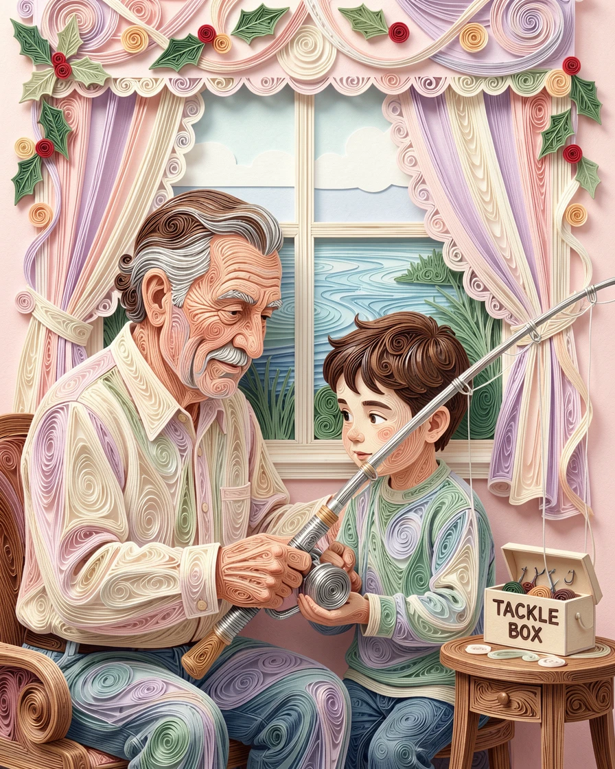 A heartwarming moment of a grandfather teaching his grandson to fish at a quiet lake in a softly lit living room decorated for the holidays, in tender pastel morning light, captured in a tender, intimate close-up moment.