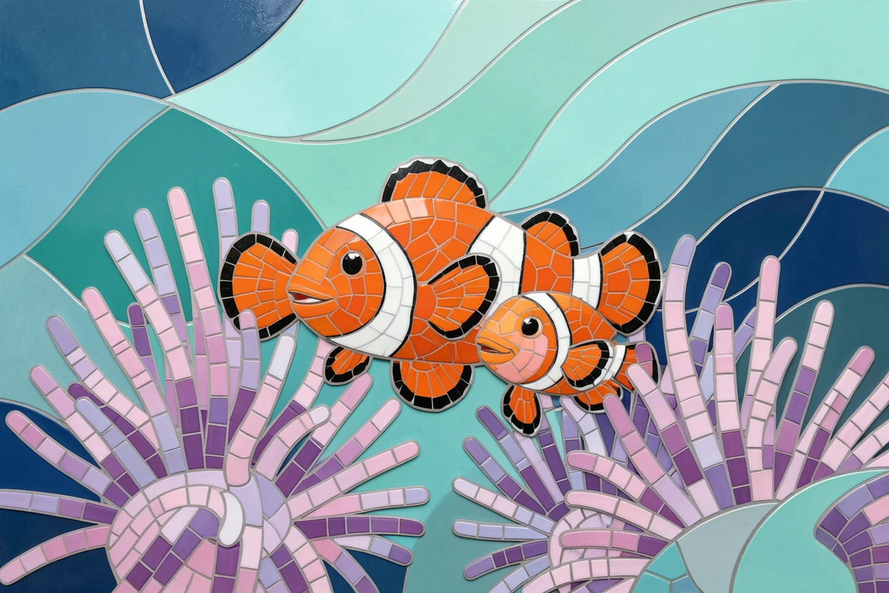 A dreamlike underwater view of a colorful clownfish family nestled among sea anemones, glowing with soft blue-green light.