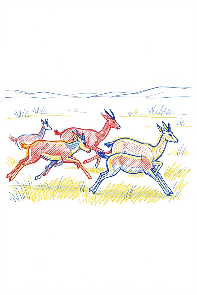 A herd of antelope leaping gracefully across an open grassland