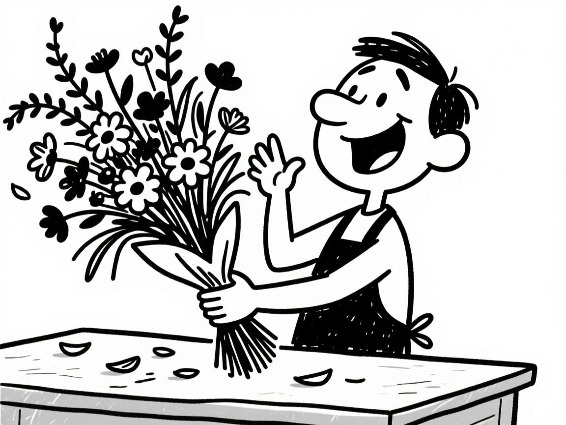 A florist arranging a huge bouquet of wildflowers, petals scattered across the counter.