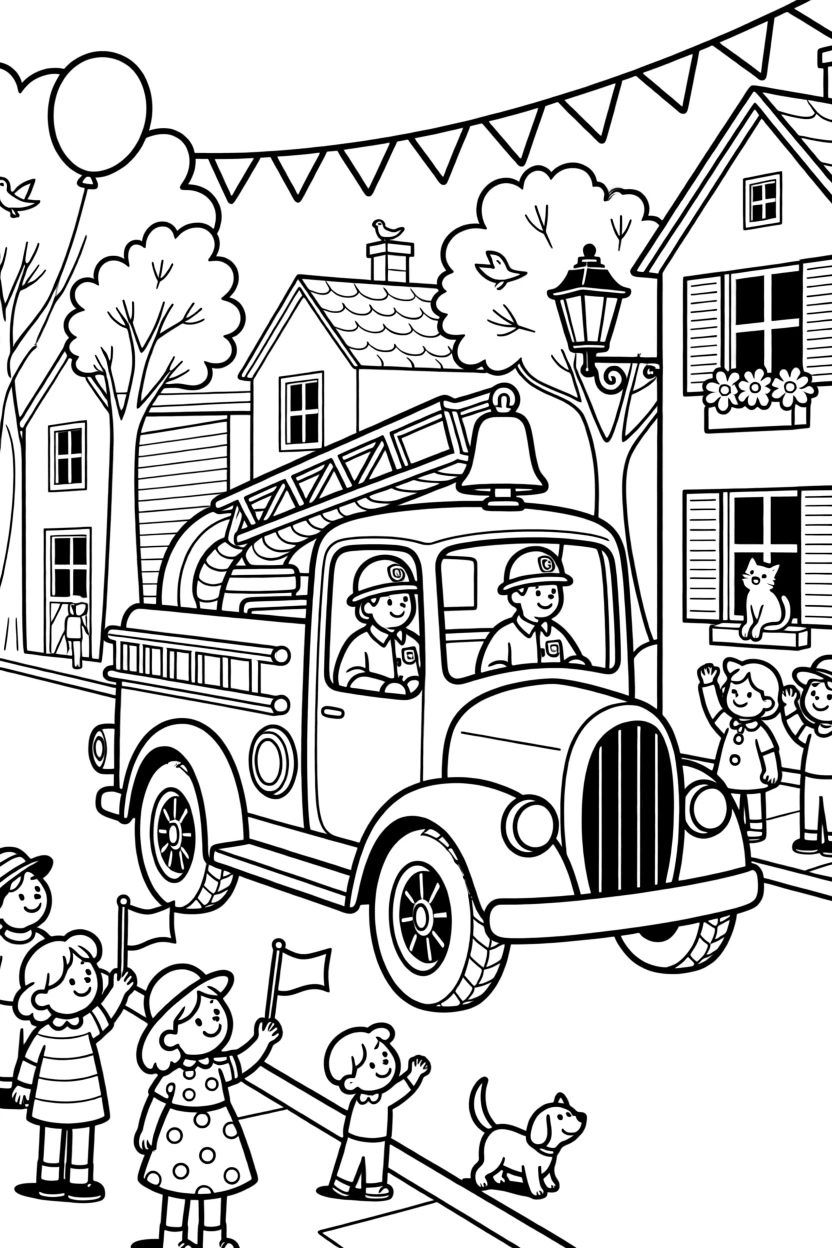 A vintage fire engine parading through a small town