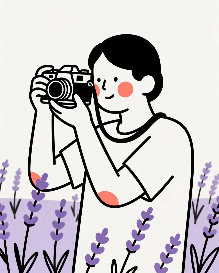 A photographer of cuban heritage adjusting a vintage camera, exuding gentle warmth, in a lavender field.