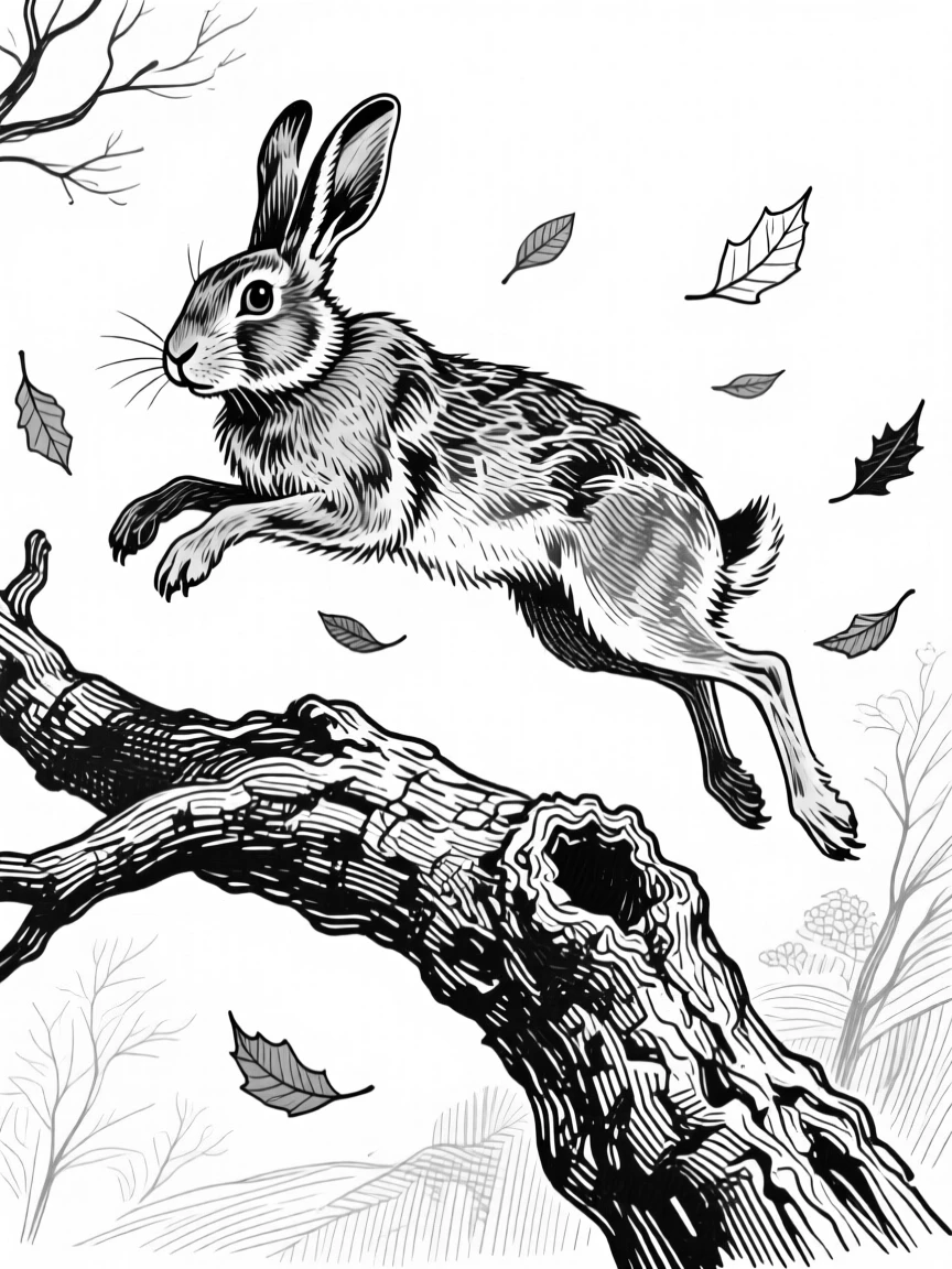 A hare frozen mid-leap atop a weathered tree branch, surrounded by falling leaves, capturing a playful and lighthearted moment in nature with a strong, centered focal point.