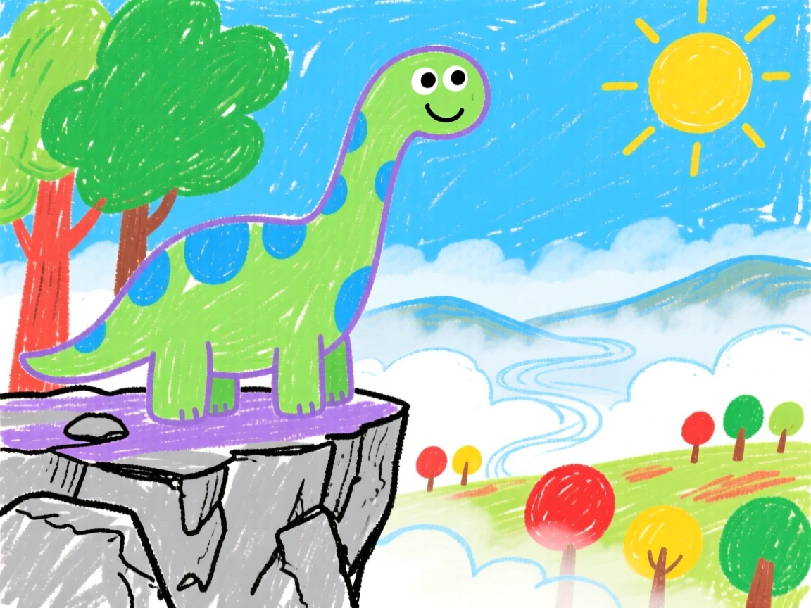 A towering brachiosaurus reaching the treetops on a rocky cliff overlooking a misty valley.