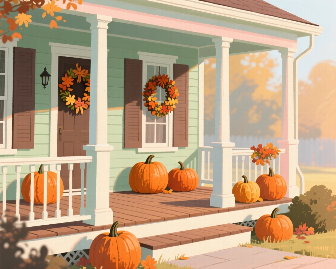 A farmhouse porch decorated with pumpkins and autumn wreaths