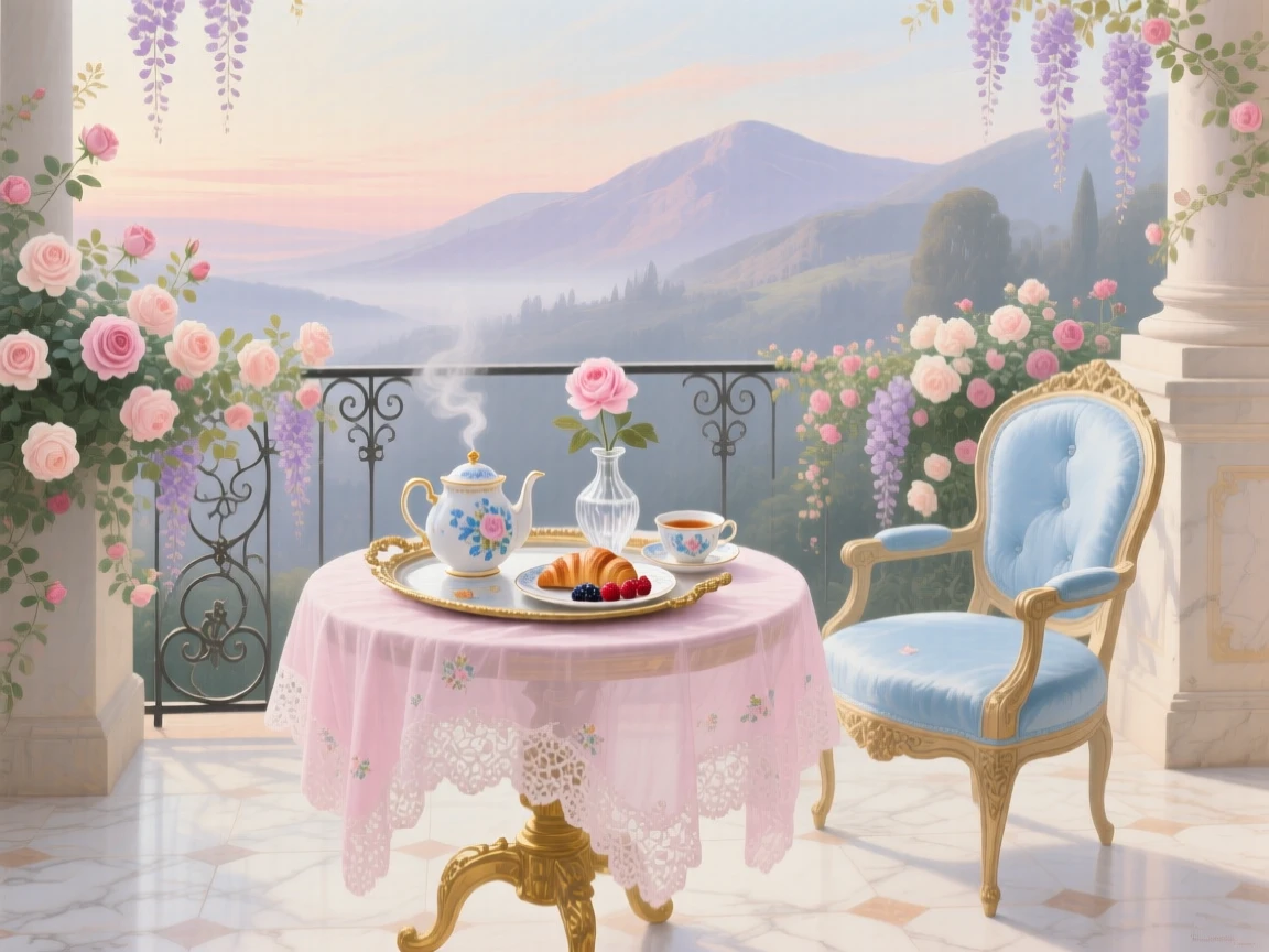 A secluded palace terrace with a breakfast tray and distant mountain views  
