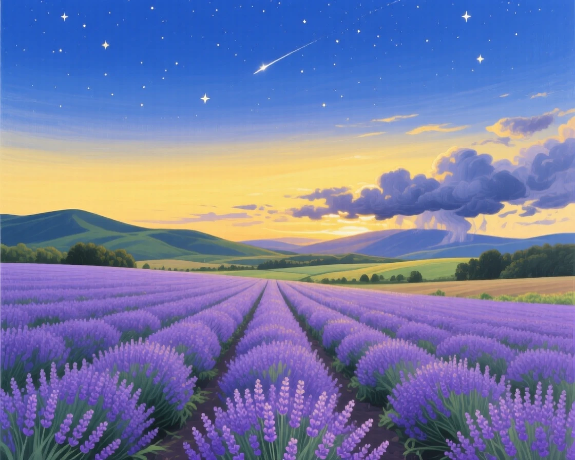 A peaceful summer sky fades from gold to deep blue over a lavender field in Hokkaido, the first stars appearing above distant rolling hills, distant weather visible on the horizon hinting at conditions that will arrive within the hour.