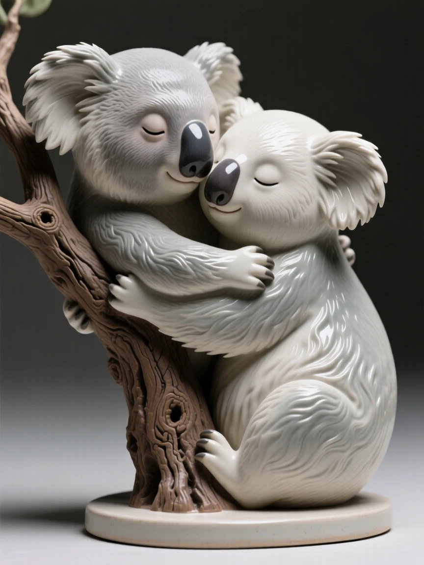 A koala hugging a branch nuzzling gently against its companion, with wind rippling through its fur, capturing a fleeting moment of untamed grace.