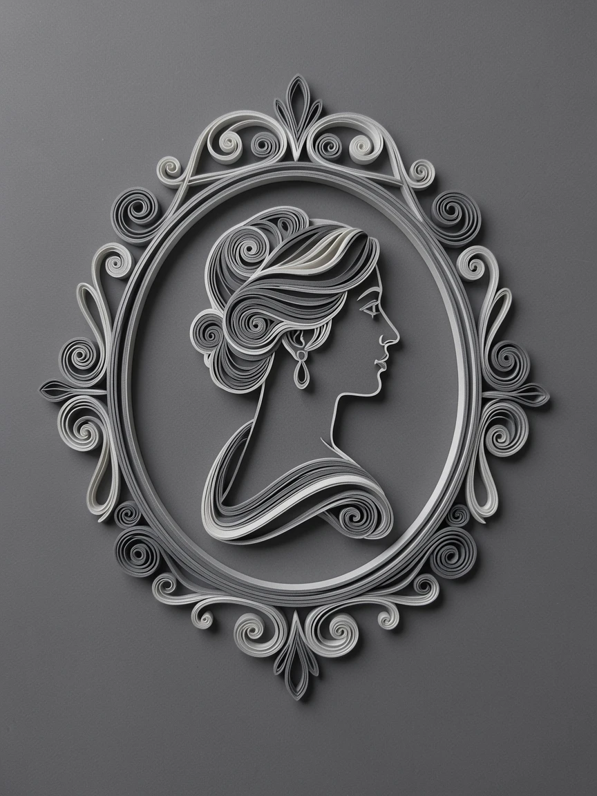 a Victorian-inspired cameo silhouette portrait, centered on a soft charcoal grey surface, structured with clean geometric precision, in soft monochrome tones of dove grey.