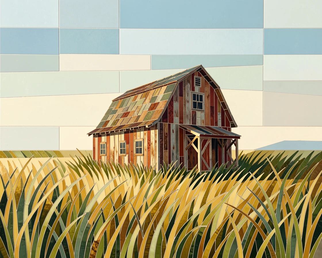 A rustic weathered barn standing alone in a field of tall grass.