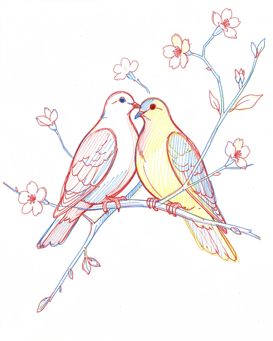 A pair of turtle doves perched together on a blossoming branch