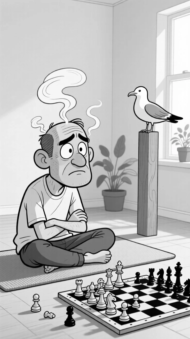 A chess player deep in dramatic thought, steam practically rising from sheer concentration, set on a yoga mat in a tranquil studio. A seagull watches the chaos from a nearby post. It feels like the kind of memory friends laugh about for years.