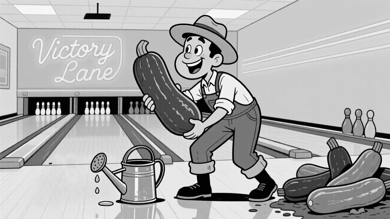 A gardener triumphantly holding a giant vegetable, leaning into the screen as if that alone might win the game, set at a retro bowling alley with neon lights. A watering can drips beside oversized zucchini. There's pure, giddy passion radiating from the scene.