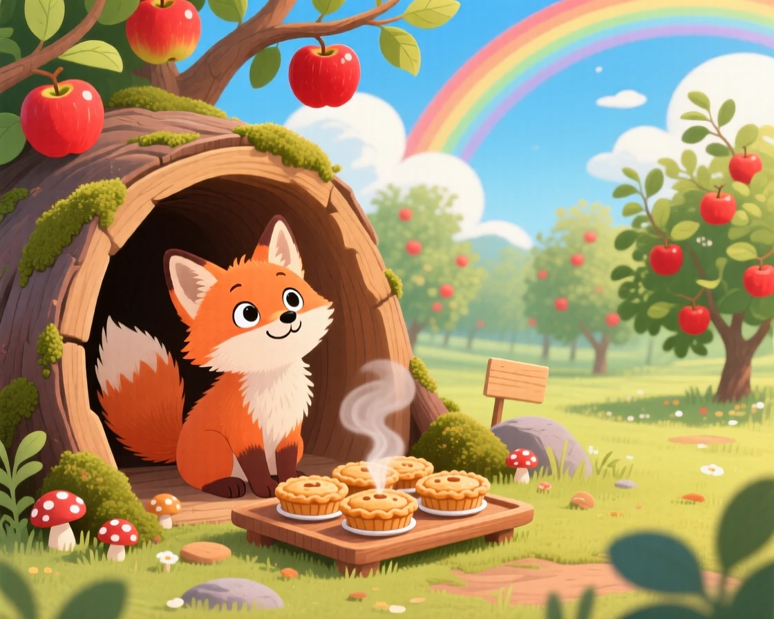 A fluffy fox cub pauses from baking tiny pies in a hollow log to look up in an apple orchard, with a rainbow arching in the distance.