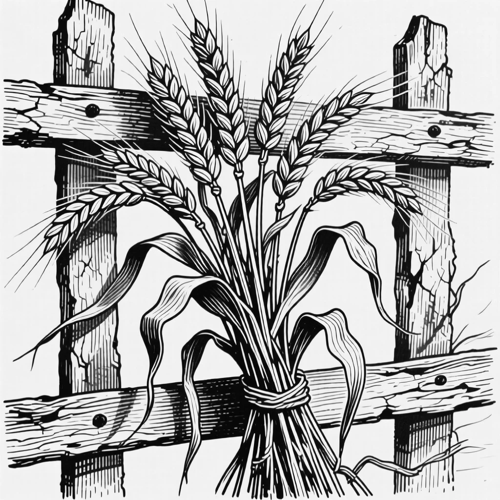 A bundle of dried wheat climbing up a weathered trellis, with delicate veins visible in each leaf, composed in a softly nostalgic still-life arrangement.