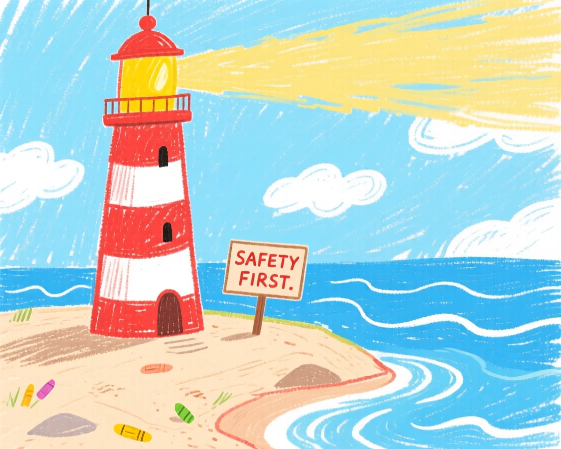 A lighthouse standing at the edge of a sandy peninsula.