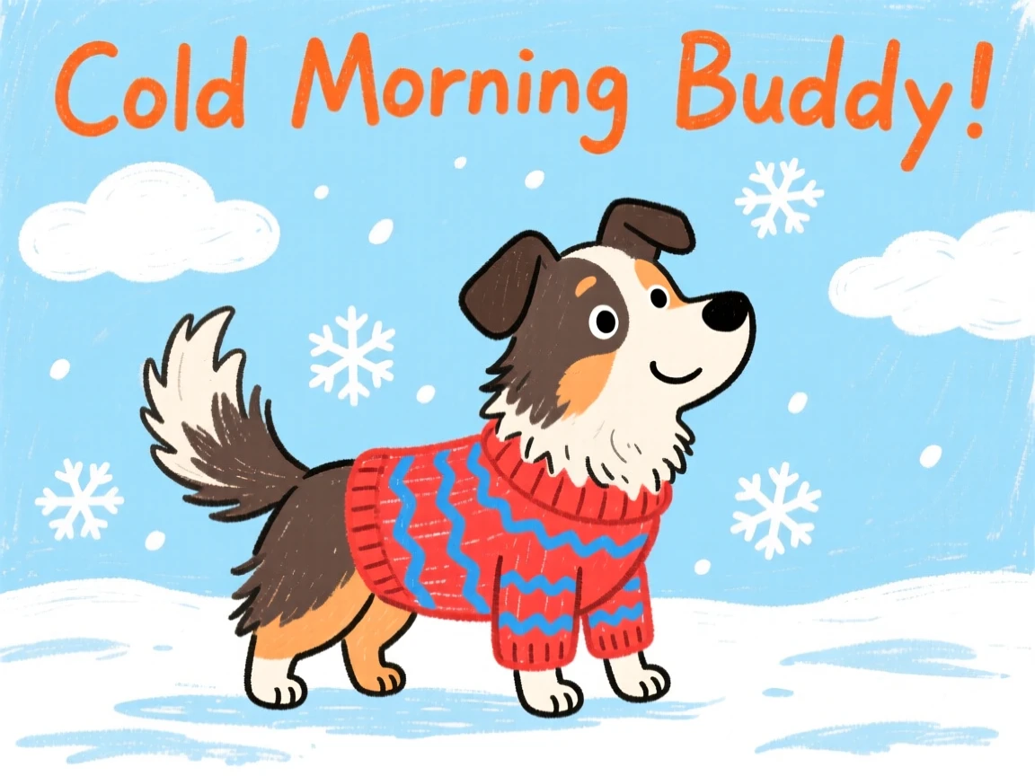 A loyal border collie wearing a tiny knitted sweater on a cold morning.