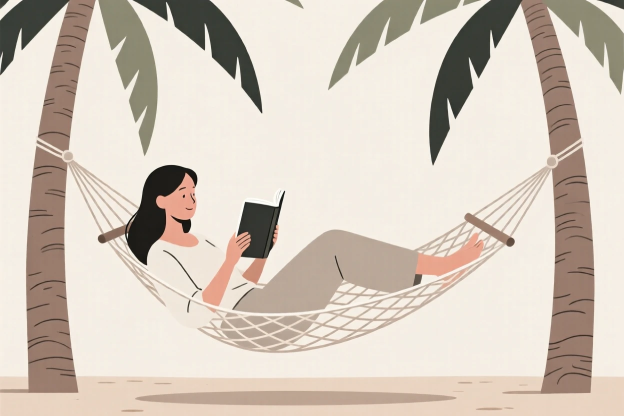 A woman reading a novel in a hammock strung between two palm trees.