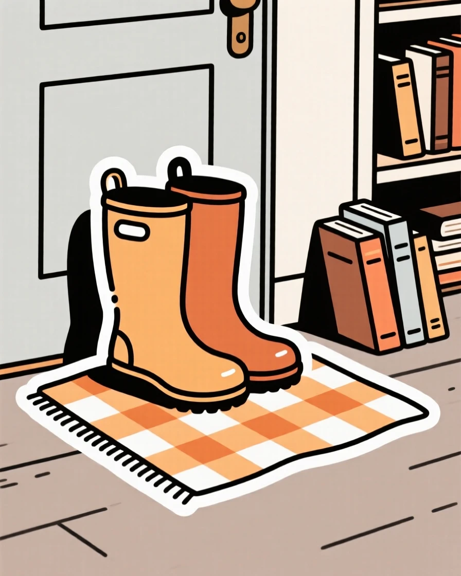 A warm and inviting pair of rain boots by the door, resting atop a checkered picnic cloth, in a study filled with books.