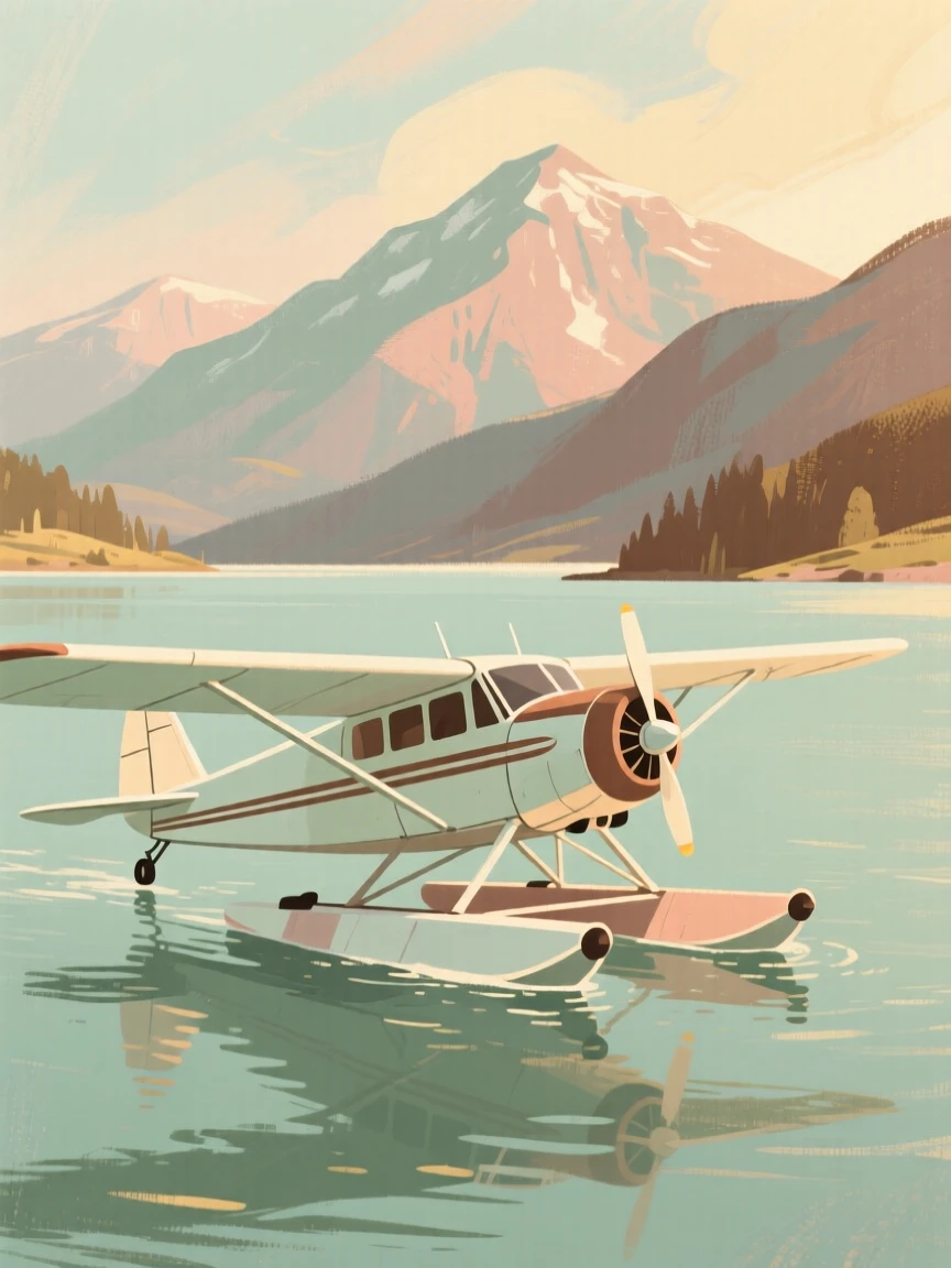 A classic seaplane resting on a calm mountain lake