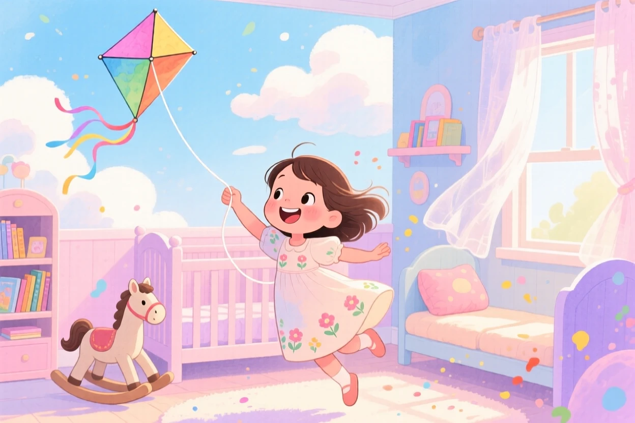A little girl in a sundress flying a kite that dances against fluffy clouds, in a cozy nursery with soft pastel light, capturing the pure joy of childhood wonder.