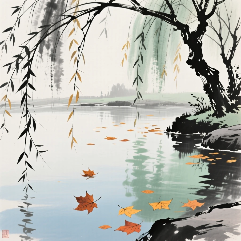 A quiet pond bordered by drooping willow branches, filled with tranquil stillness, as autumn leaves turn golden.