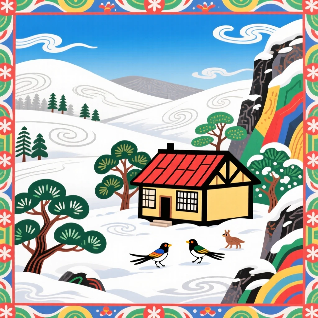 A tranquil valley with a single farmhouse seen from a quiet overlook, under a blanket of fresh snow.