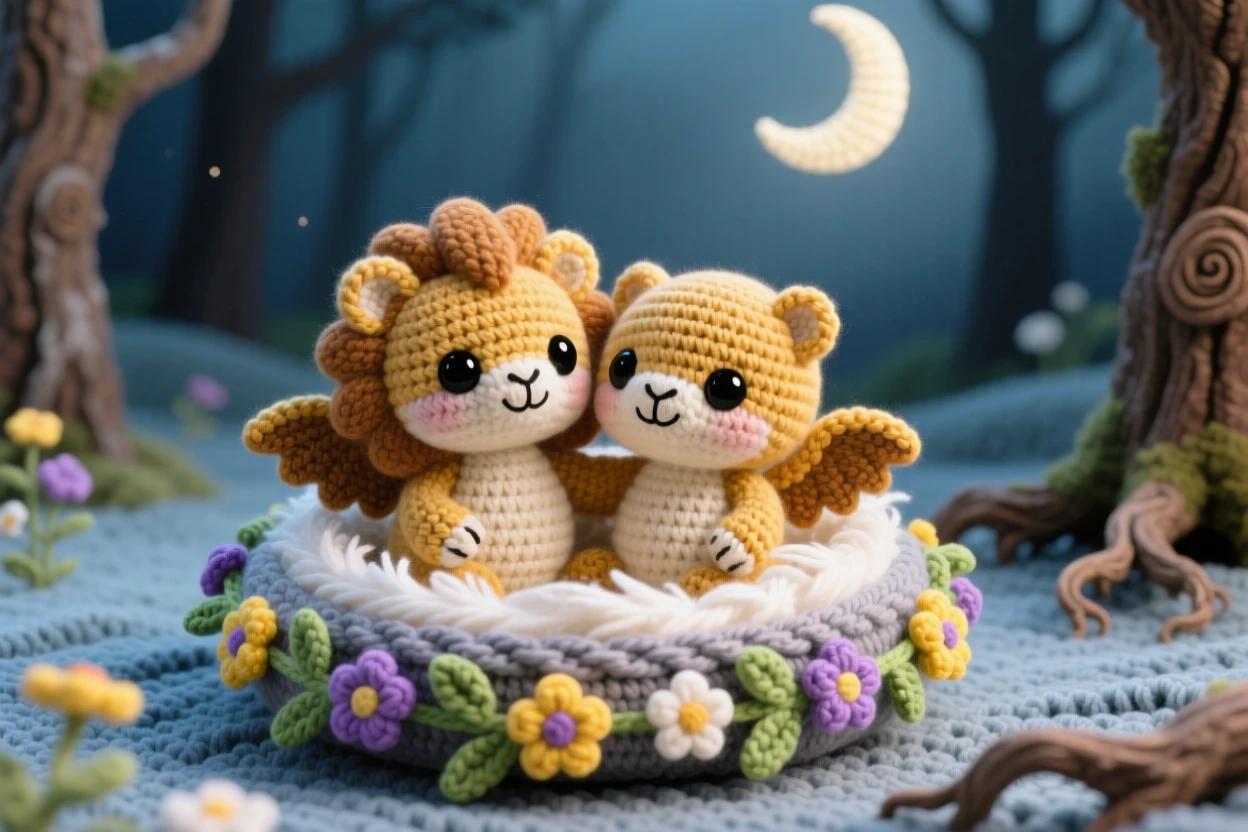 A charming portrait of a small baby griffin twins, cuddled together for warmth, sleeping in a nest lined with soft feathers beside a garland of woven wildflowers in a moonlit clearing surrounded by ancient trees, conveying a cozy, storybook enchantment.