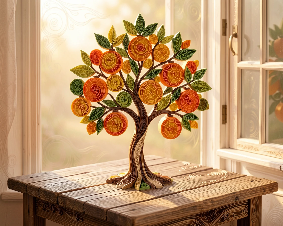 a citrus tree heavy with ripe oranges, on a rustic wooden table near an open window, arranged with a single stem as the clear focal point, with soft golden hour light washing over the scene.