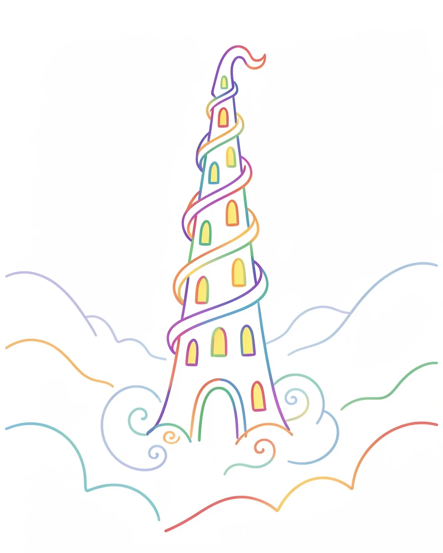 A wizard's tower rising from a misty valley, glowing windows scattered up its spiraled height.