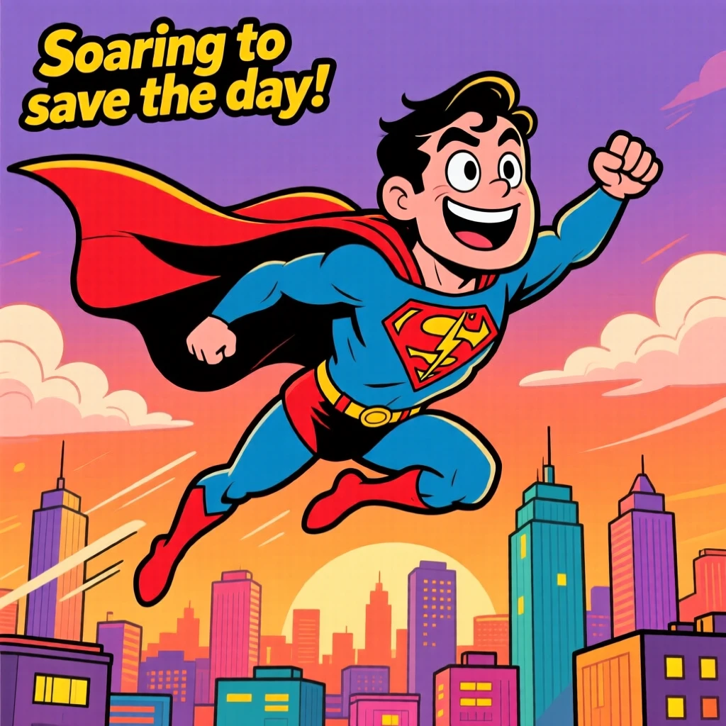 An imaginative fantasy scene of a superhero soaring through a city skyline, cape billowing dramatically in the wind.