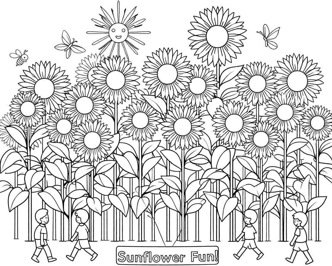 A giant sunflower field with bees buzzing between blossoms