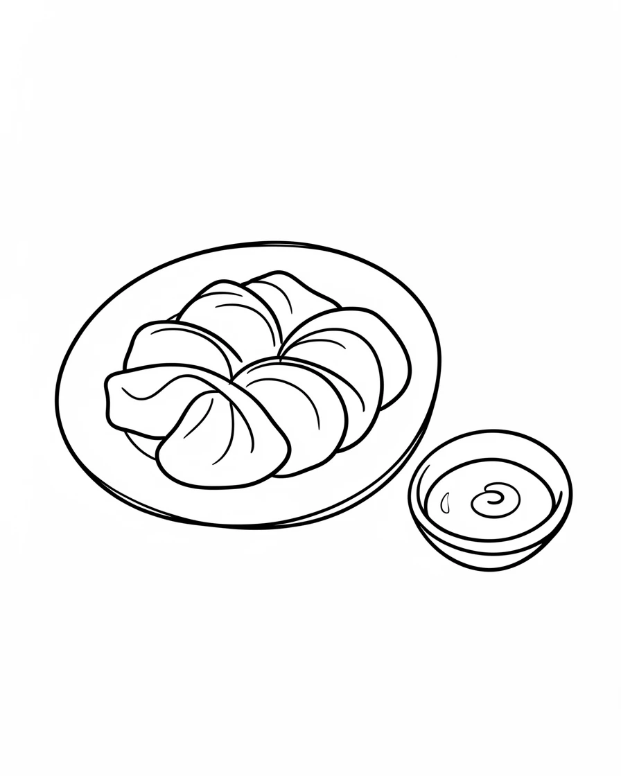 A plate of dumplings arranged neatly beside a small dish of dipping sauce