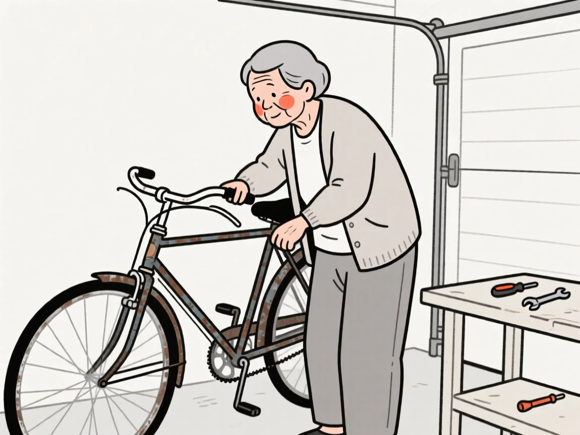 An elderly woman restoring an old bicycle in a garage.