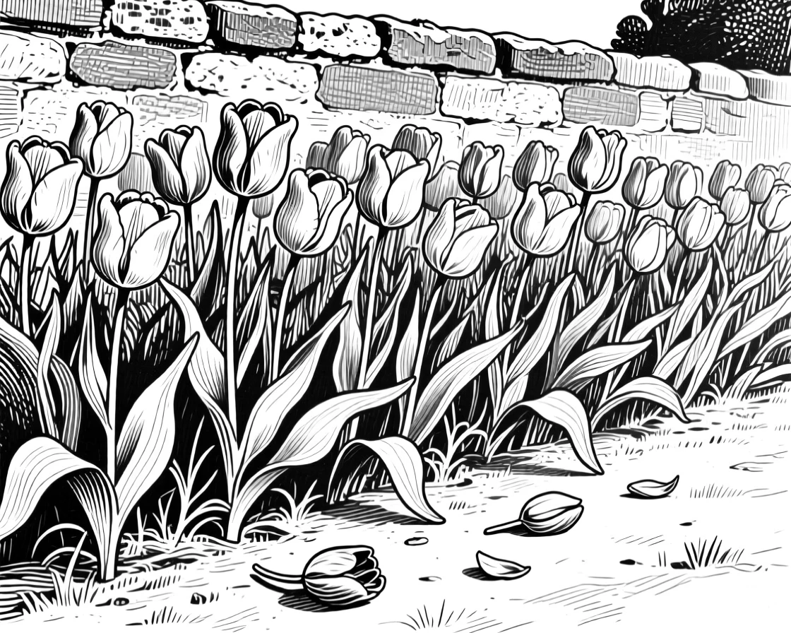 A field of tulips growing wild along a garden wall, with a few loose petals scattered below, composed in a fresh and vibrant still-life arrangement.