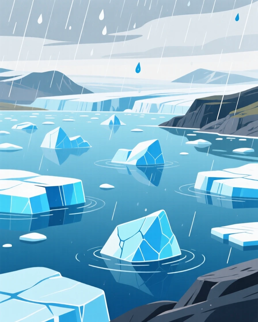 A dramatic glacier lagoon filled with floating blue icebergs, with a light rain shower passing softly through, shown from an elevated viewpoint overlooking the scene, with a fresh, crisp clarity that highlights every detail.